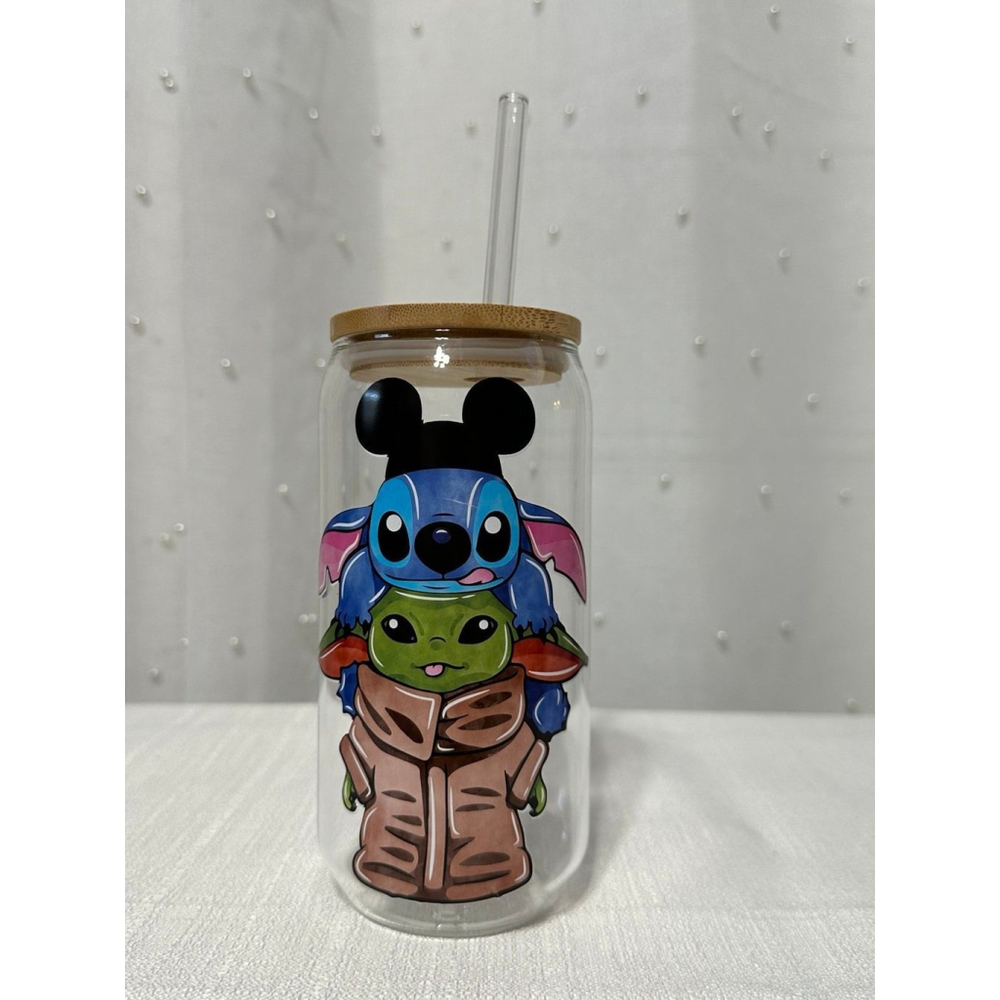 Yoda and Stich themed glass cup / tumbler 160z